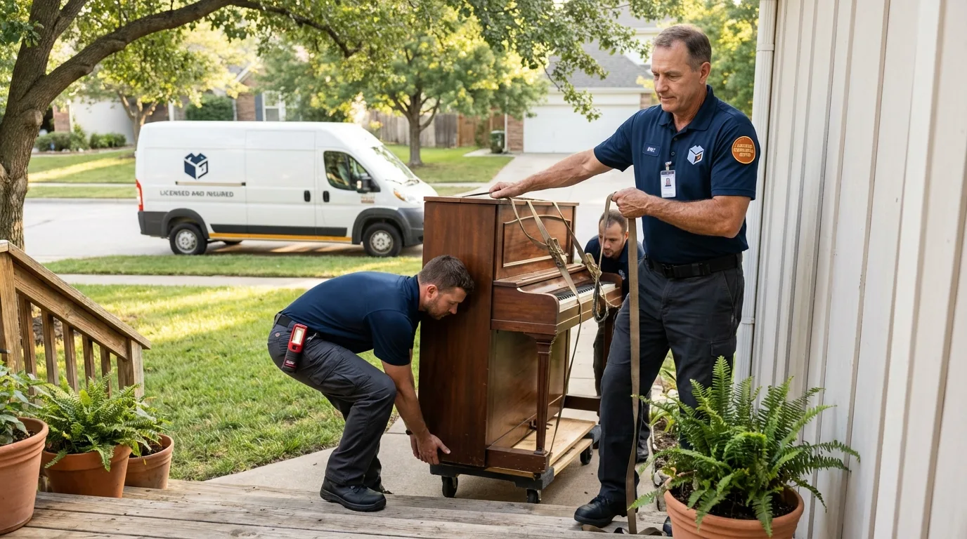 Licensed piano movers securing grand piano in Rainelle, WV