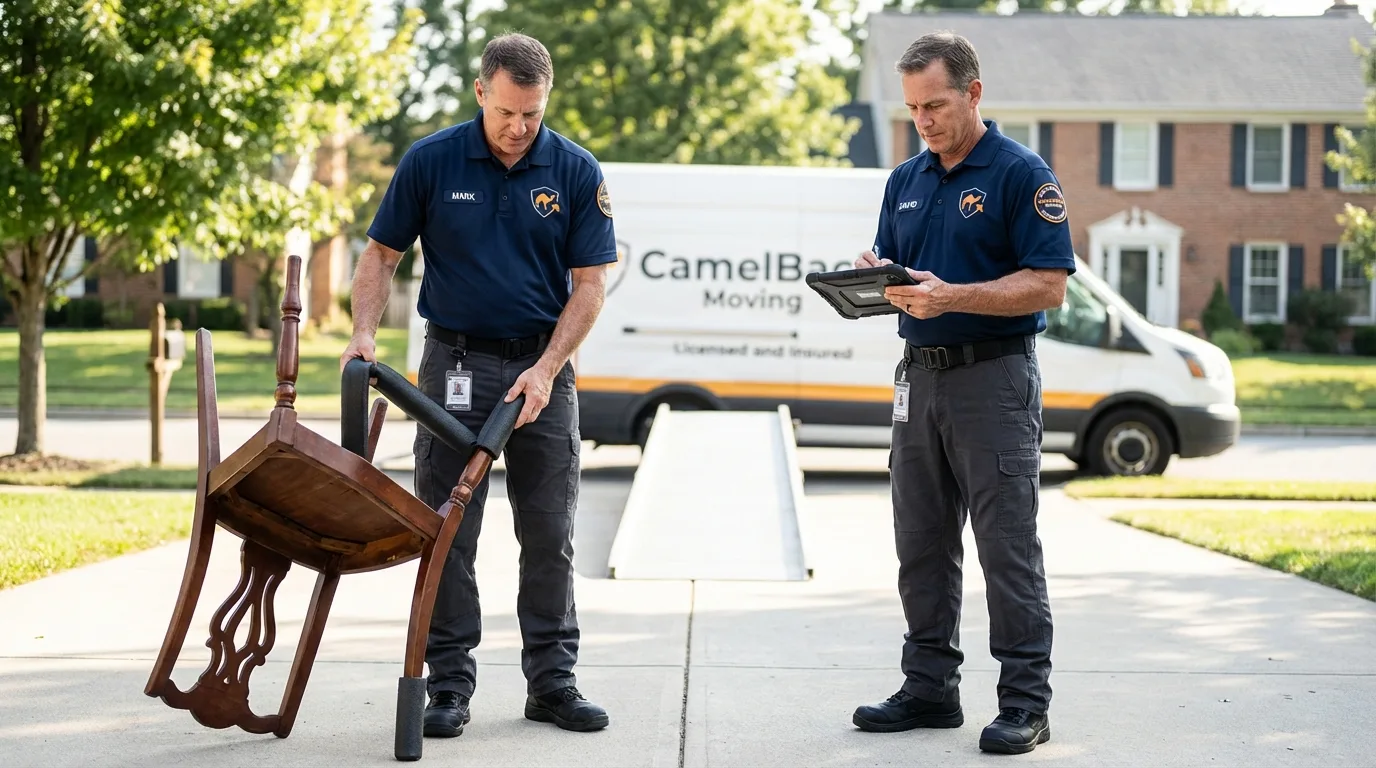 Movers inspecting furniture for damage prevention before loading in Rainelle, WV